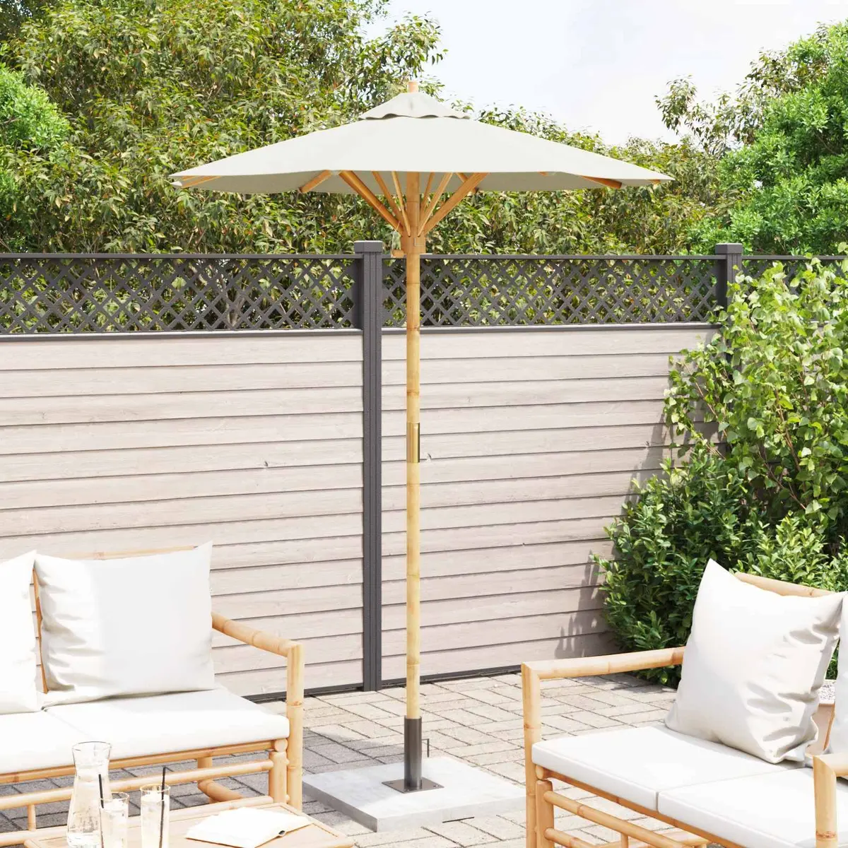 Garden Parasol Bamboo Frame Round 150 cm Cream White Outdoor Shade Umbrella