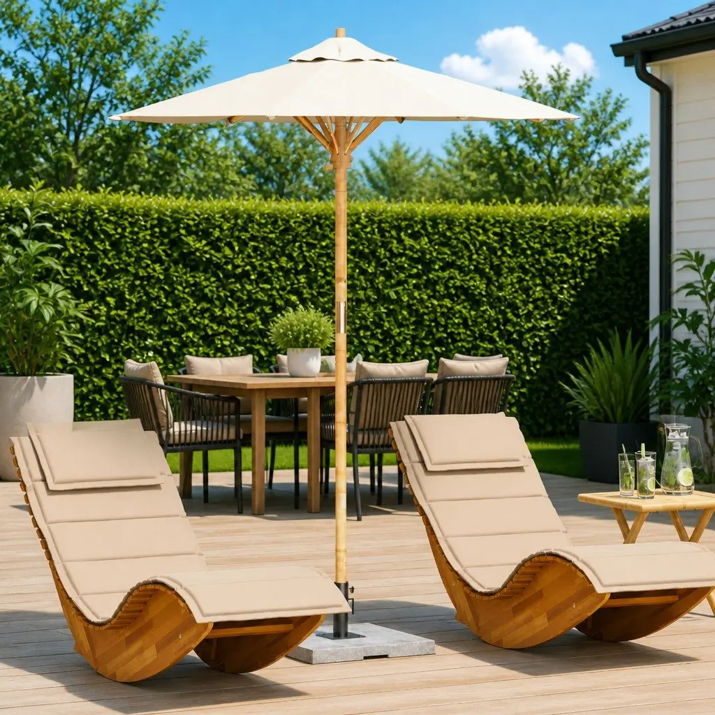 Garden Parasol Round Bamboo Frame 180cm Cream White Outdoor Shade