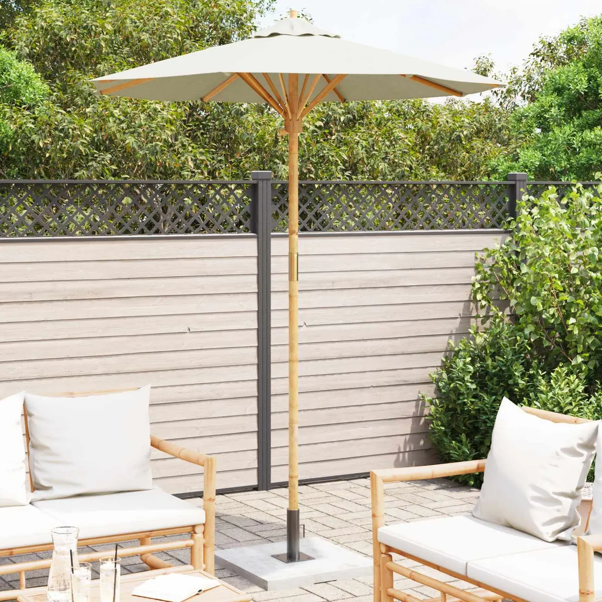 Garden Parasol Round Bamboo Frame 180cm Cream White Outdoor Shade