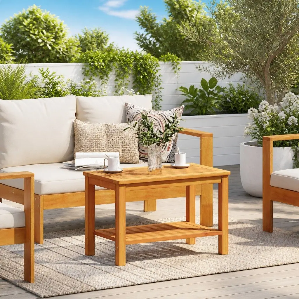 Solid Acacia Wood Side Table Brown Rustic Accent Table for Garden Patio Indoor