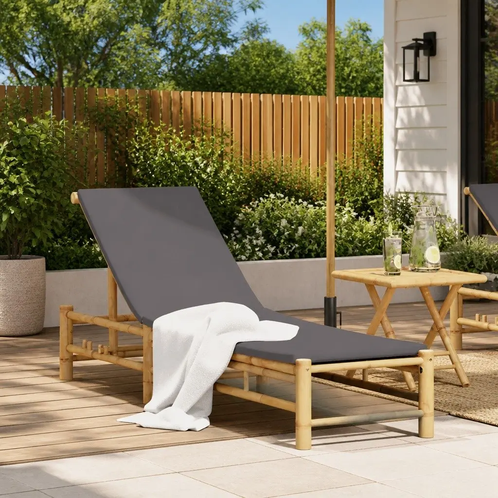 Sun Lounger Outdoor Garden Patio Chair Bamboo Adjustable Backrest Cushion Seat