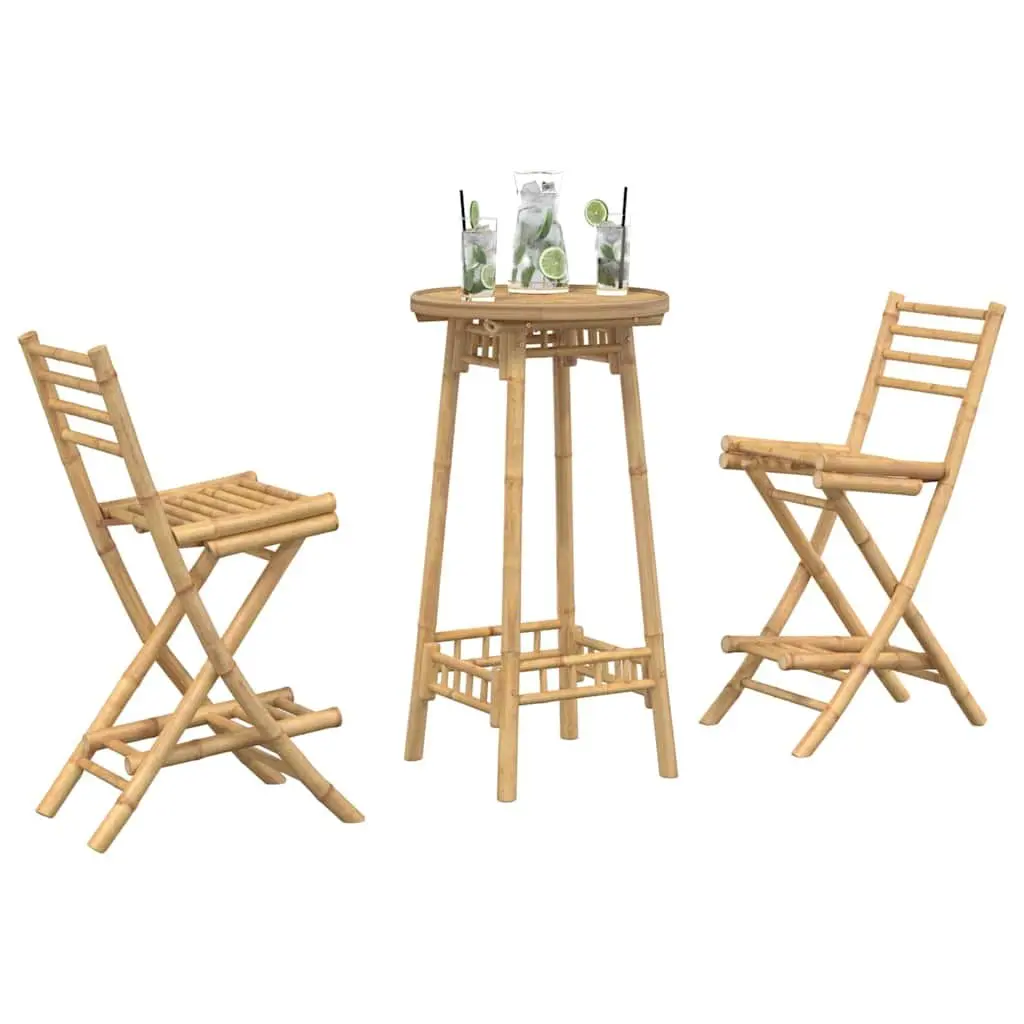 Bamboo Outdoor Bar Set 3 Piece Foldable Patio Furniture Compact Brown