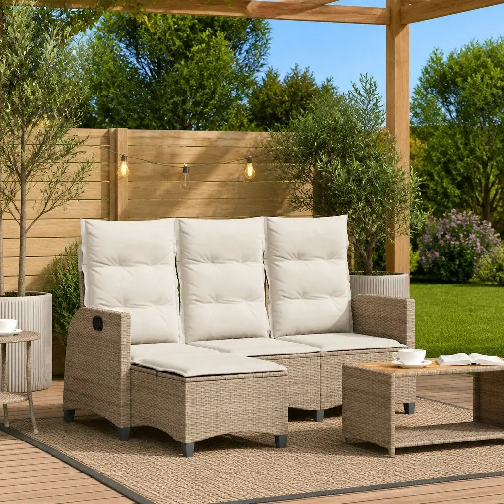 L-shaped Outdoor Sofa Beige with Cushions Adjustable Backrest PE Rattan Frame for Garden or Patio Lounge