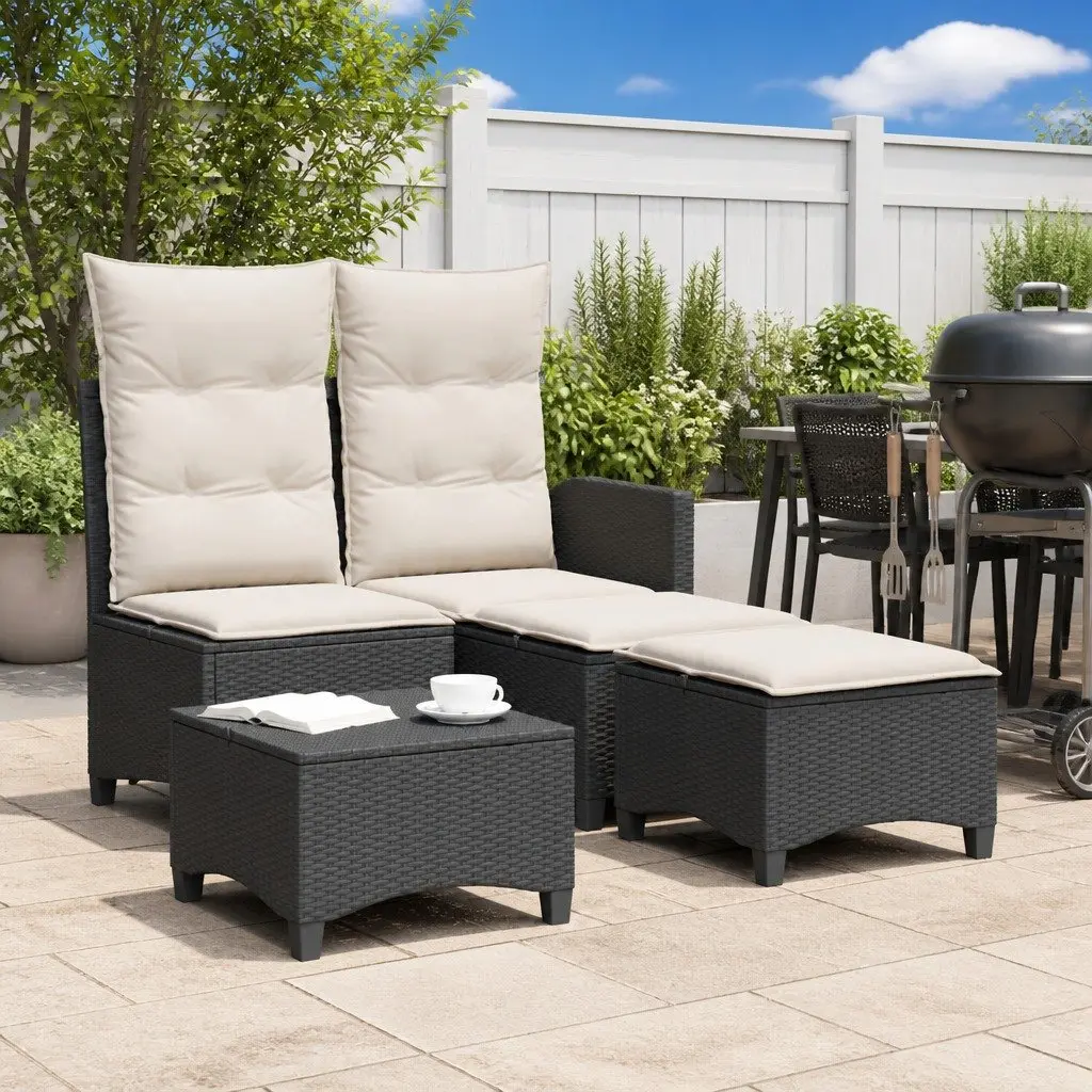 Outdoor Footrests Poly Rattan Black with Padded Cushions 2 Piece Set 55x55x36cm