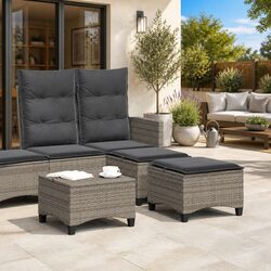 Garden Stools with Cushions 2 pcs Grey Outdoor Footrest Rattan Seating