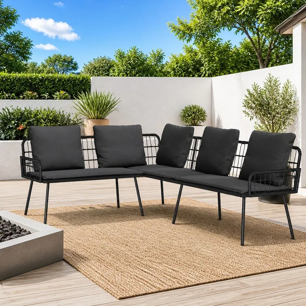 L-Shaped Outdoor Sofa Steel Frame Black Poly Rattan Armrests Cushioned Bench
