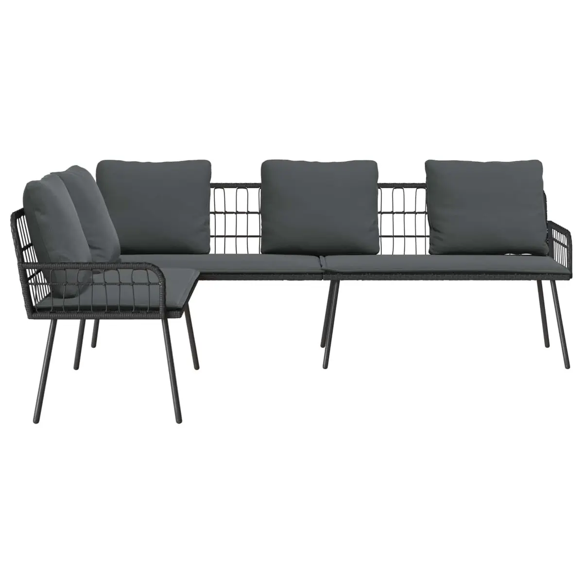 L-Shaped Outdoor Sofa Steel Frame Black Poly Rattan Armrests Cushioned Bench