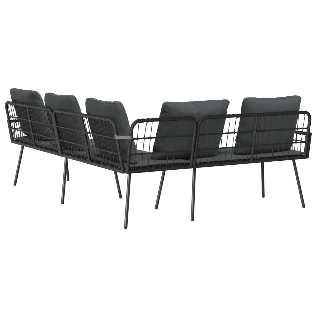 L-Shaped Outdoor Sofa Steel Frame Black Poly Rattan Armrests Cushioned Bench