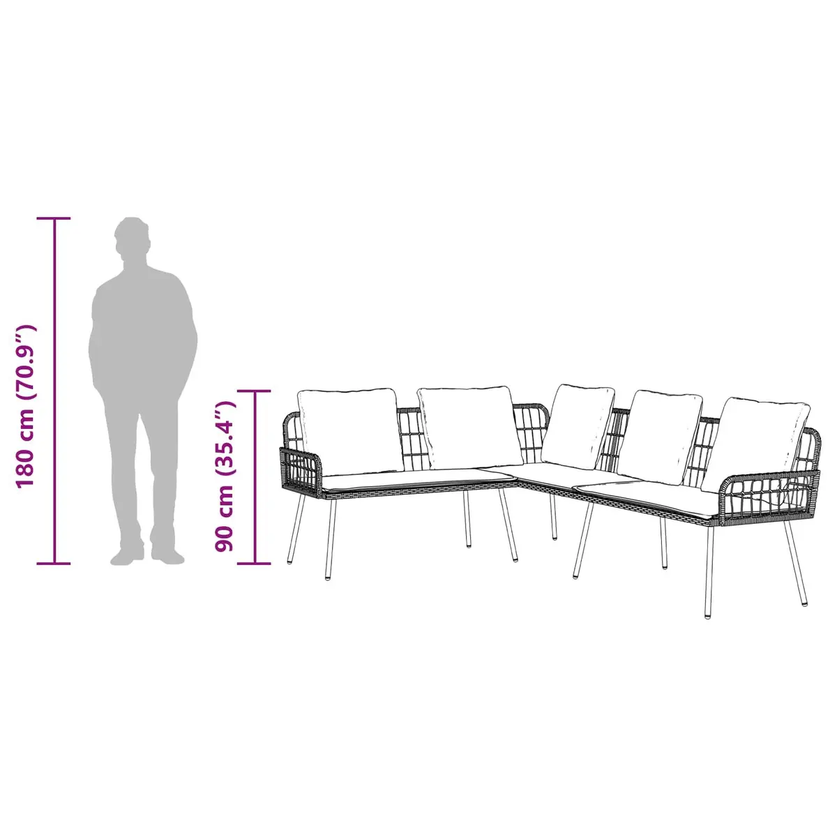 L-Shaped Outdoor Sofa Steel Frame Black Poly Rattan Armrests Cushioned Bench
