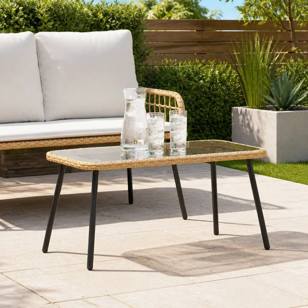 Outdoor Coffee Table Poly Rattan Glass Top 90 x 45 x 43 cm Brown