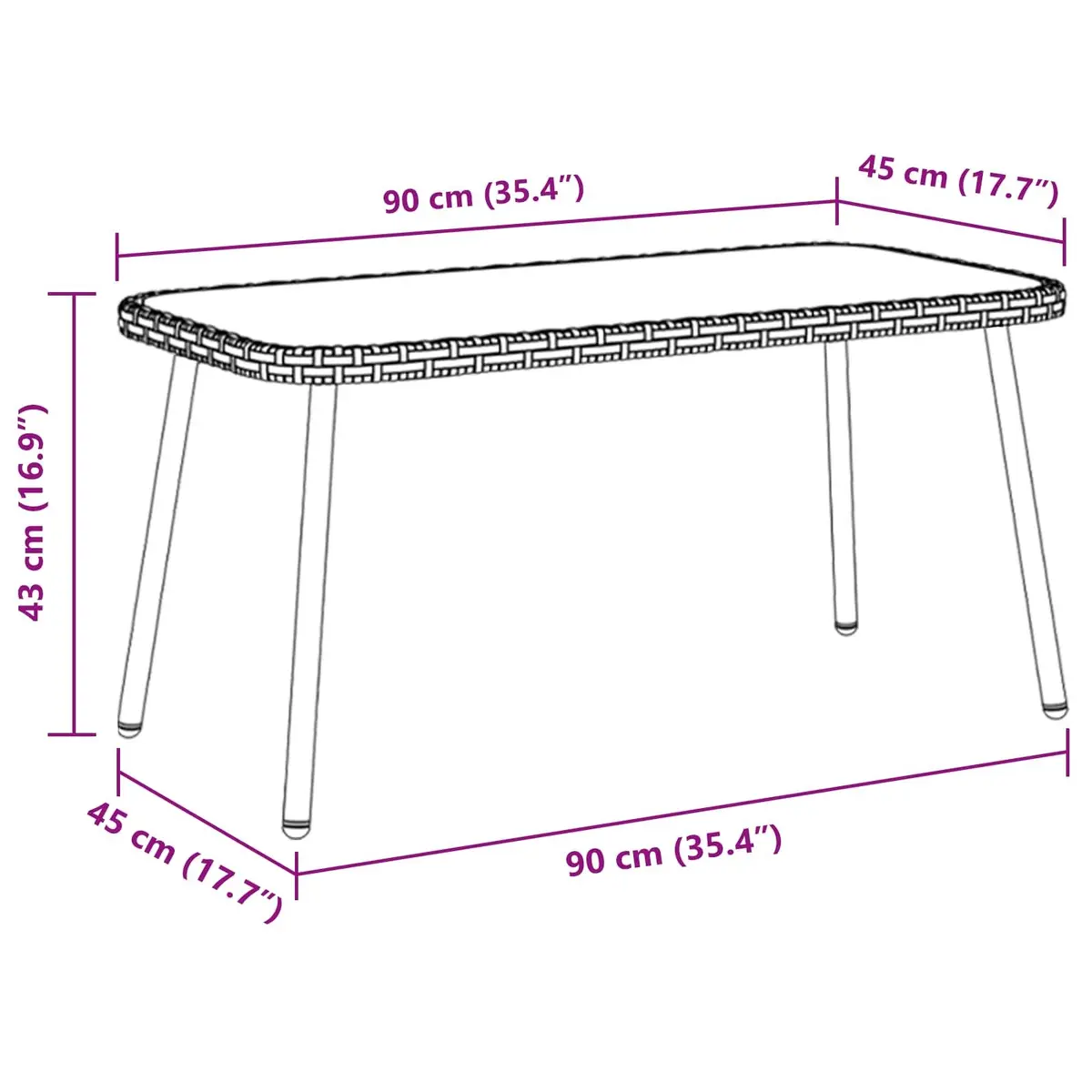 Outdoor Coffee Table Poly Rattan Glass Top 90 x 45 x 43 cm Brown