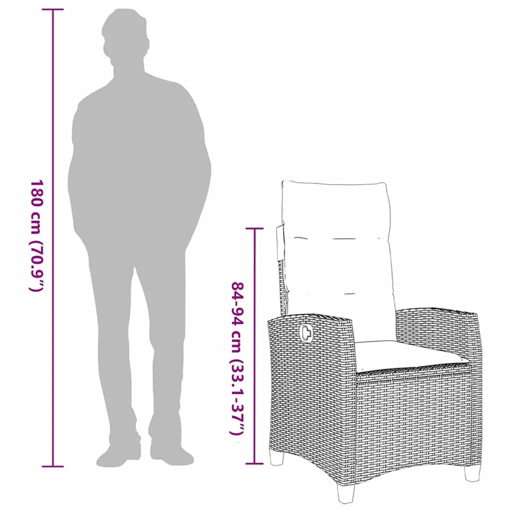 Reclining Chair Outdoor Furniture Grey PE Rattan with Adjustable Backrest and Foldable Table