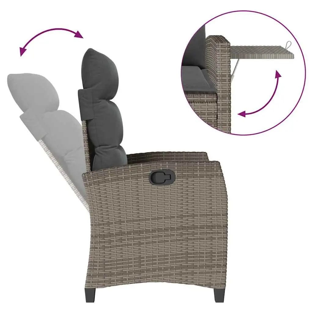 Reclining Chair Outdoor Furniture Grey PE Rattan with Adjustable Backrest and Foldable Table