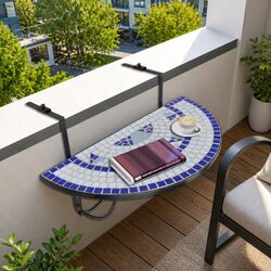 Hanging Balcony Table Semi-Circular Mosaic Deck Rail Folding Coffee Table Blue