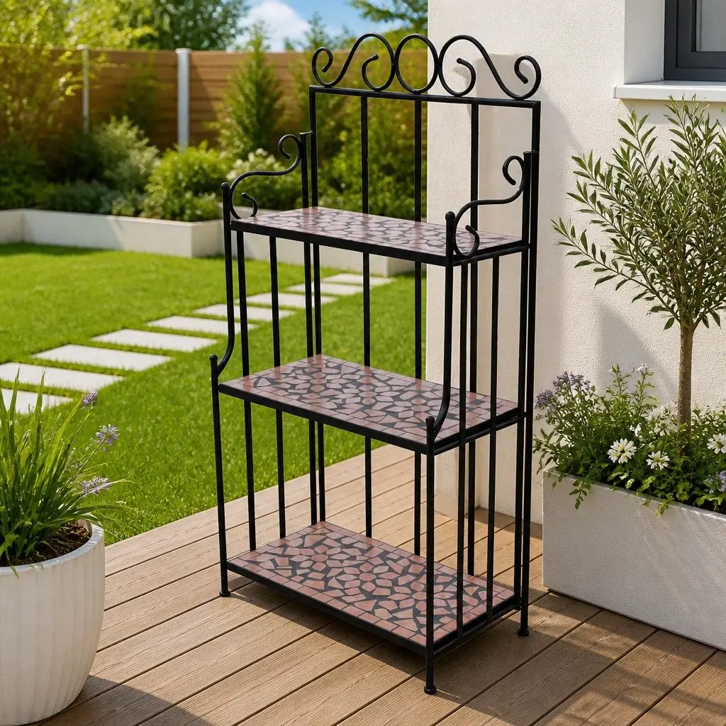 Plant Stand Ceramic Mosaic 3-Layer Curved Iron 115 cm Black