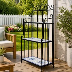 Plant Stand 3-Tier Mosaic Ceramic Display Rack Blue White Garden Balcony Decor