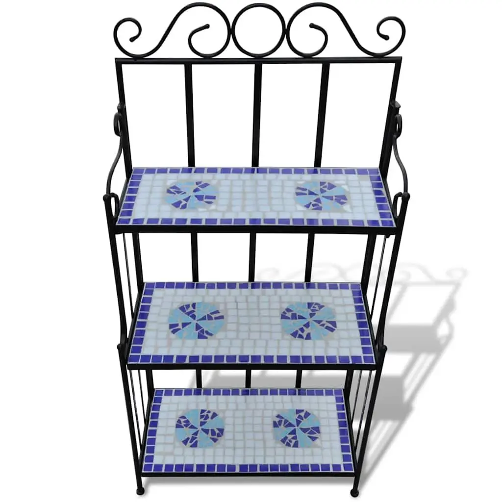 Plant Stand Iron Frame Mosaic Ceramic 3-Tier Blue White Display Rack