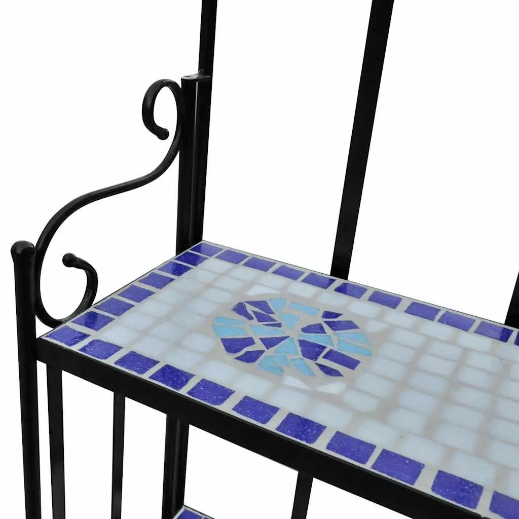 Plant Stand Iron Frame Mosaic Ceramic 3-Tier Blue White Display Rack