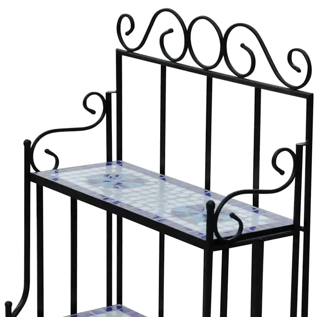 Plant Stand Iron Frame Mosaic Ceramic 3-Tier Blue White Display Rack