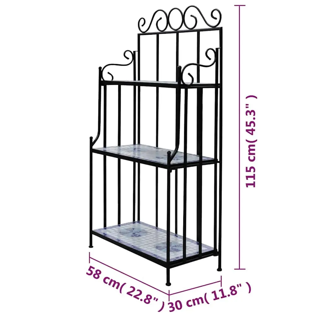 Plant Stand Iron Frame Mosaic Ceramic 3-Tier Blue White Display Rack