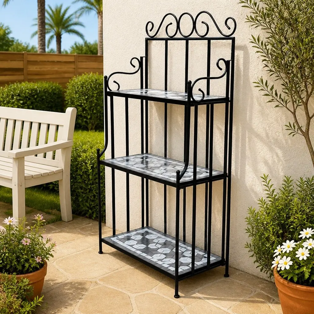 Plant Stand Iron Frame 3-Layer Mosaic Ceramic Display Rack Black