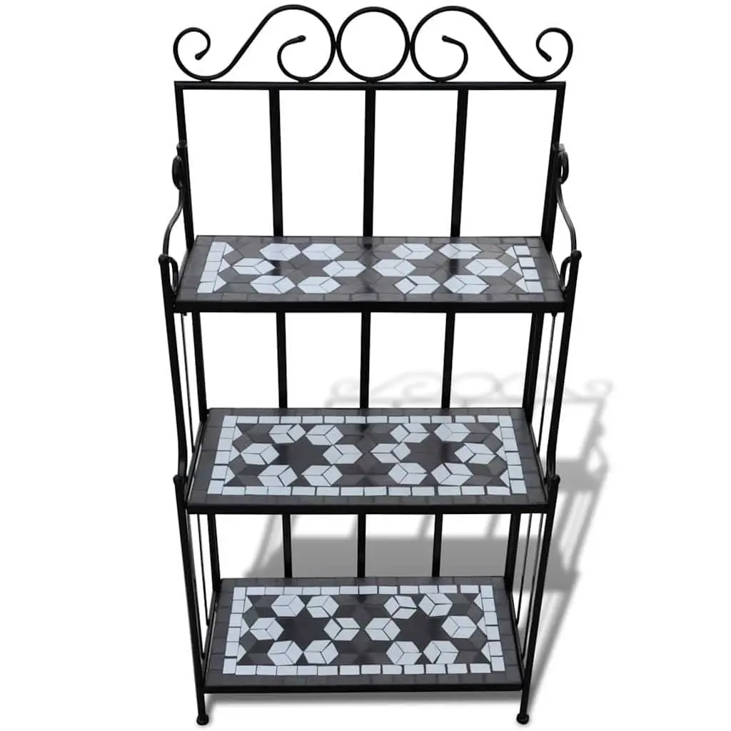 Plant Stand Iron Frame 3-Layer Mosaic Ceramic Display Rack Black