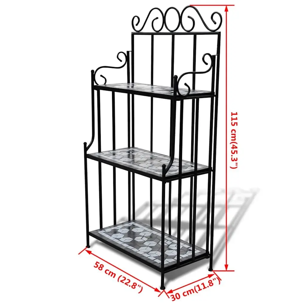 Plant Stand Iron Frame 3-Layer Mosaic Ceramic Display Rack Black
