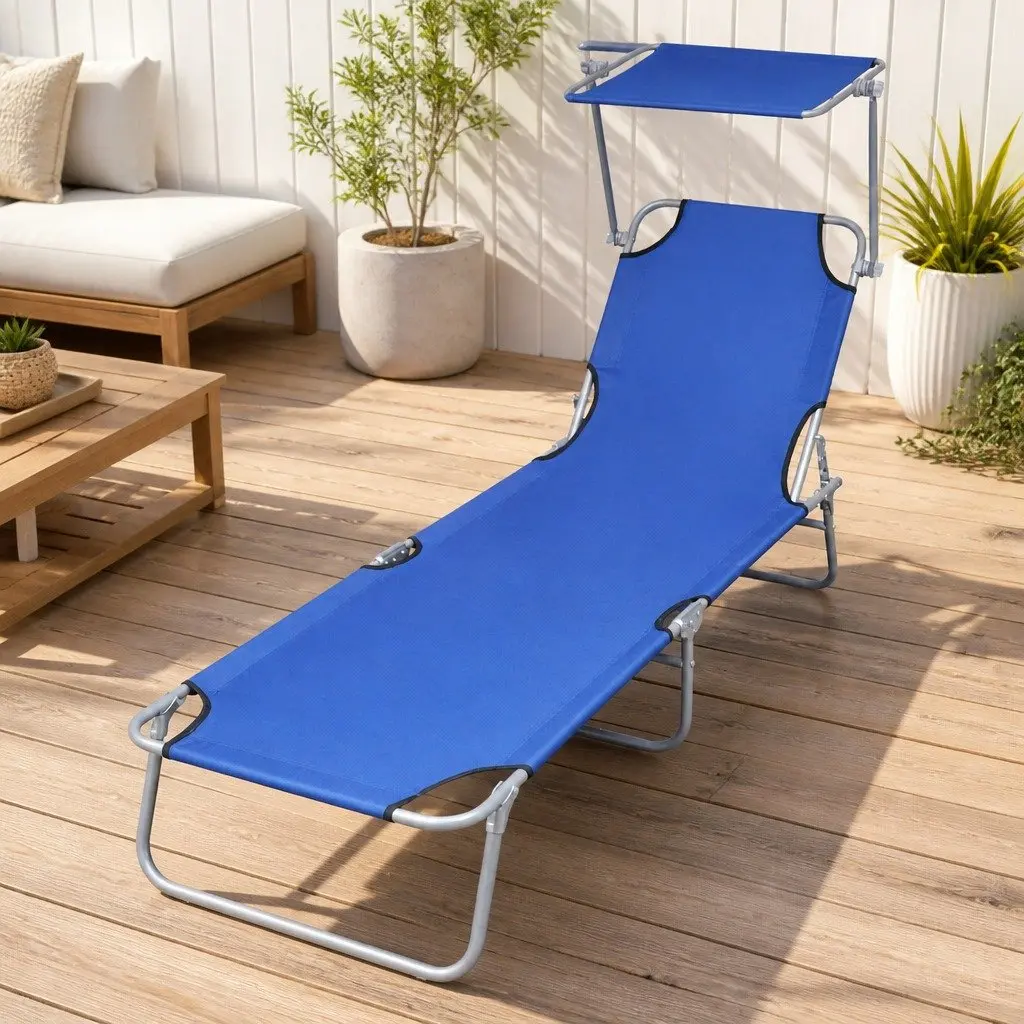 Sun Lounger Adjustable Backrest Folding Canopy Steel Blue