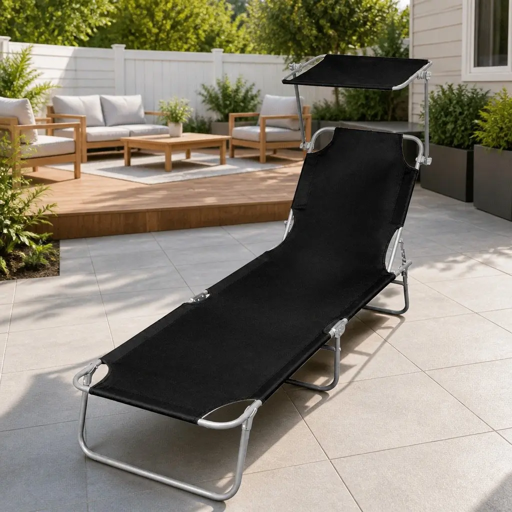 Sun Lounger Steel Adjustable Backrest Folding Canopy Outdoor Sunbed Black