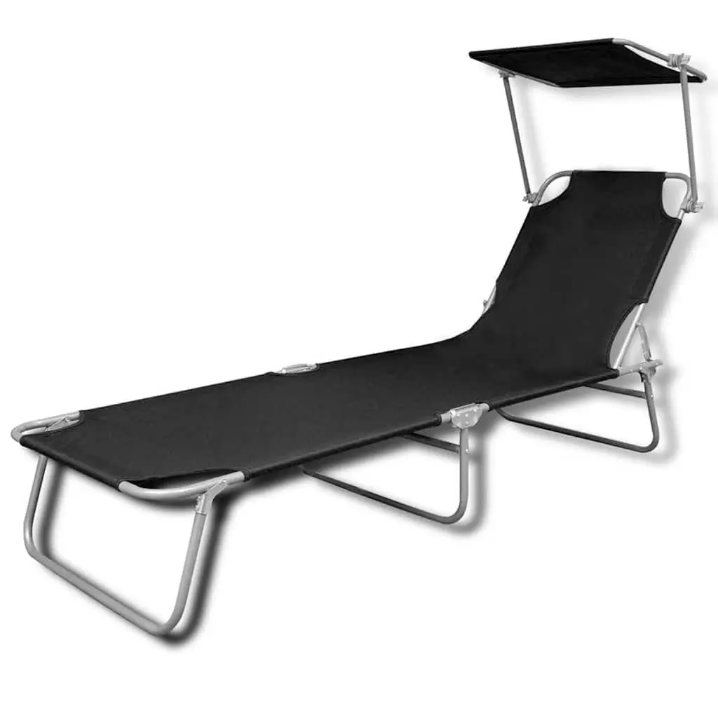 Sun Lounger Steel Adjustable Backrest Folding Canopy Outdoor Sunbed Black