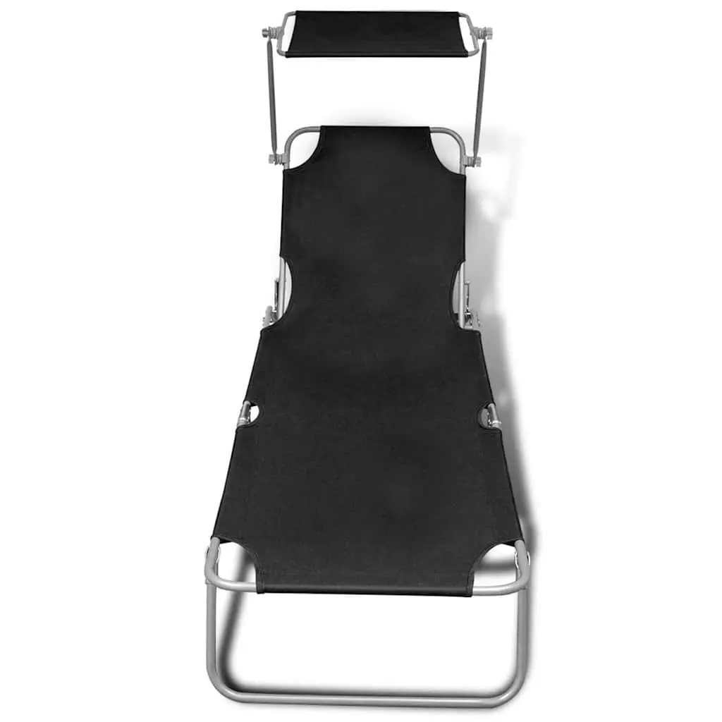 Sun Lounger Steel Adjustable Backrest Folding Canopy Outdoor Sunbed Black