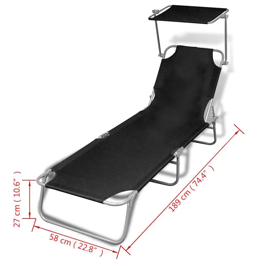 Sun Lounger Steel Adjustable Backrest Folding Canopy Outdoor Sunbed Black