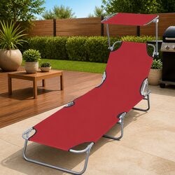 Sun Lounger Folding Canopy Adjustable Backrest Outdoor Reclining Sunbed Red