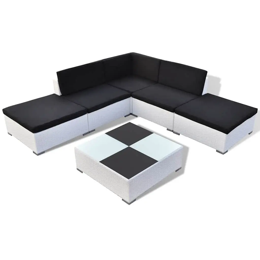 Garden Lounge Set Poly Rattan 6 Piece Outdoor Furniture White Cushions Coffee Table