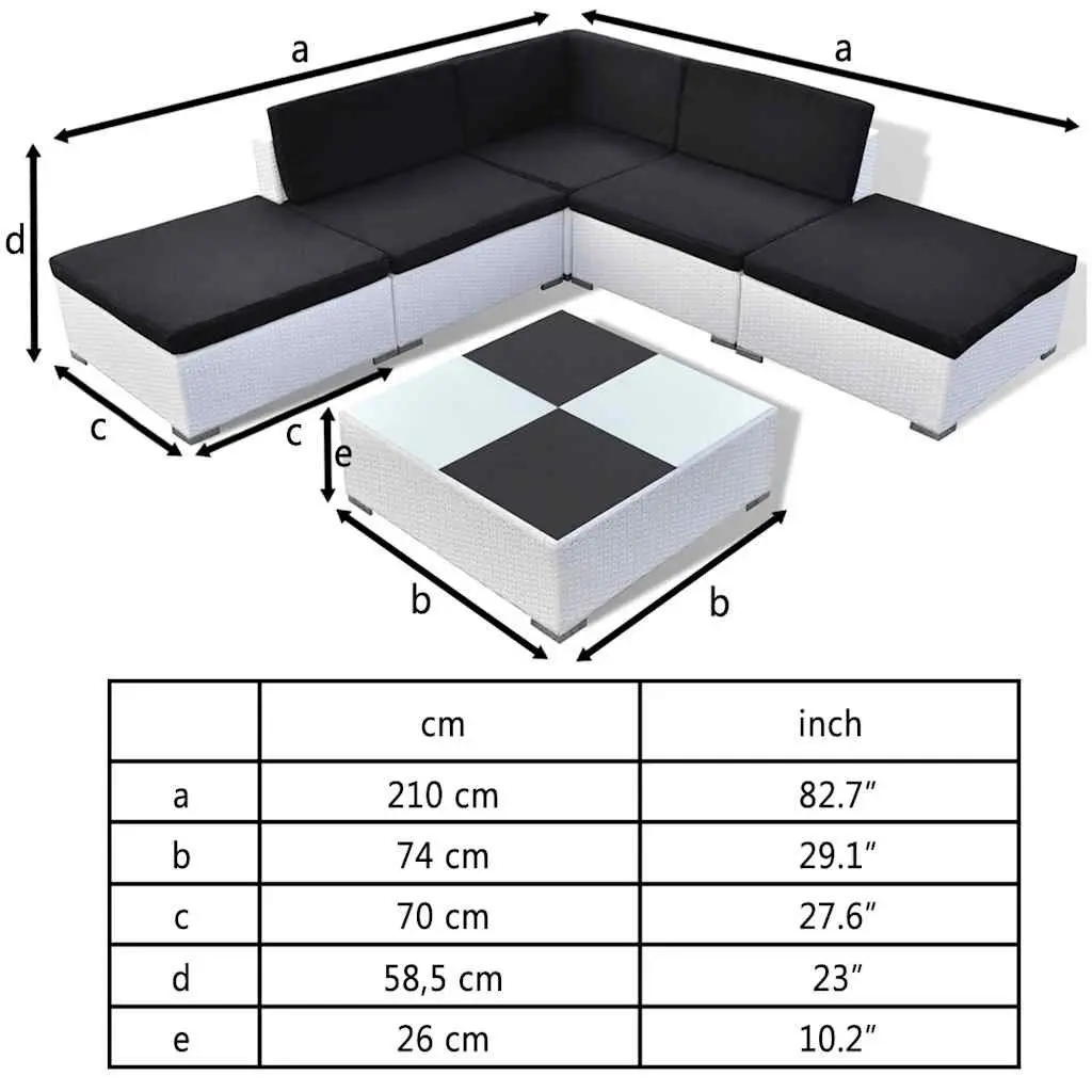 Garden Lounge Set Poly Rattan 6 Piece Outdoor Furniture White Cushions Coffee Table