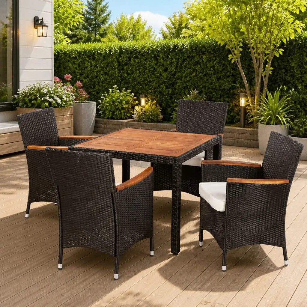 Outdoor Dining Set Poly Rattan Table 4 Chairs with Cushions Black