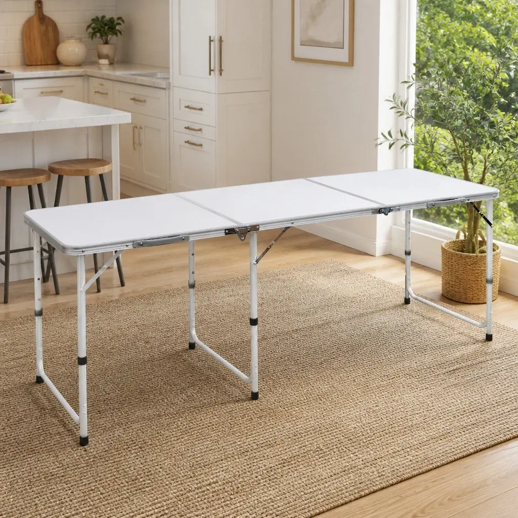 Foldable Camping Table Height Adjustable Metal MDF 180 x 60 cm White