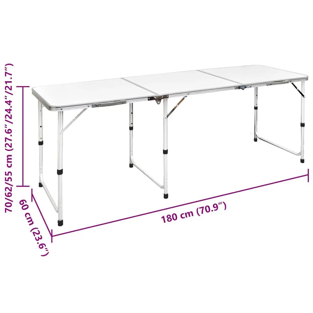 Foldable Camping Table Height Adjustable Metal MDF 180 x 60 cm White