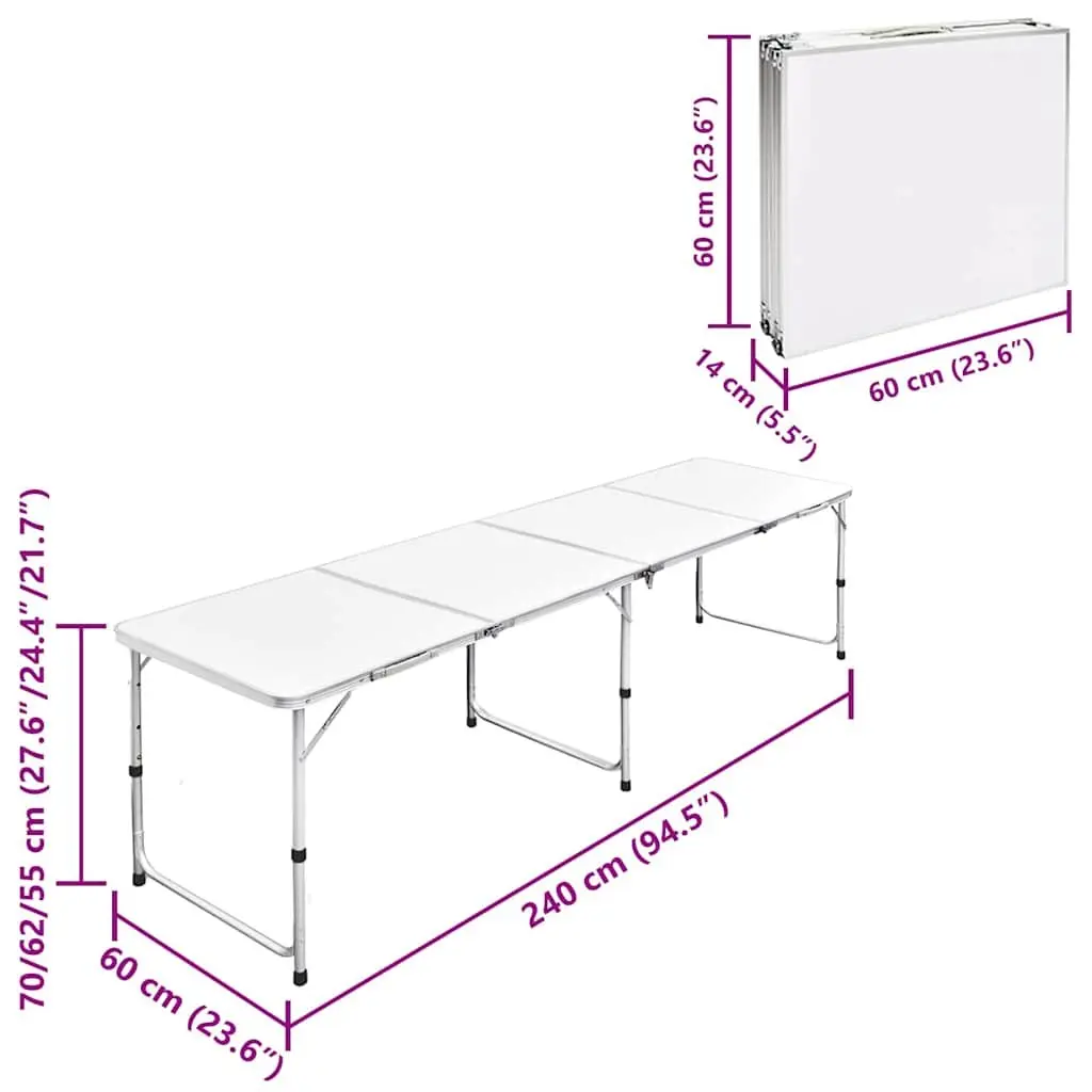 Foldable Camping Table Metal Frame MDF Top Adjustable Height 240 x 60 cm White