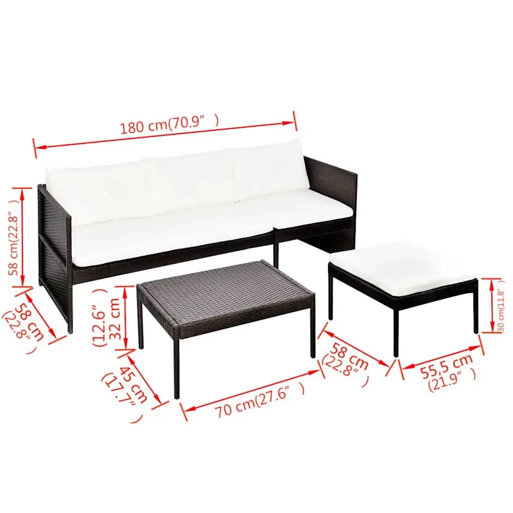 3 Piece Outdoor Lounge Set PE Rattan Brown Powder-coated Steel