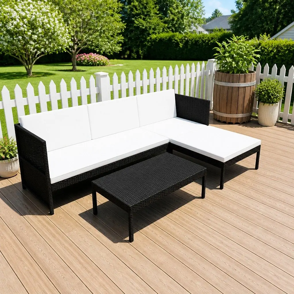 3 Piece Outdoor Lounge Set Poly Rattan Black with Cushions