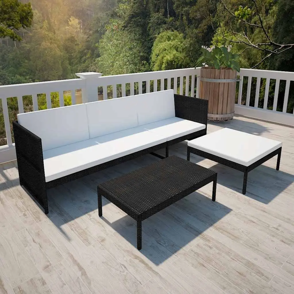 3 Piece Outdoor Lounge Set Poly Rattan Black with Cushions