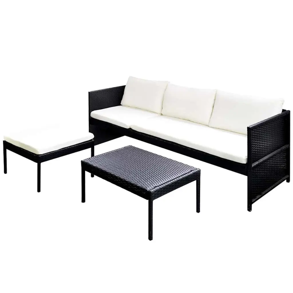 3 Piece Outdoor Lounge Set Poly Rattan Black with Cushions