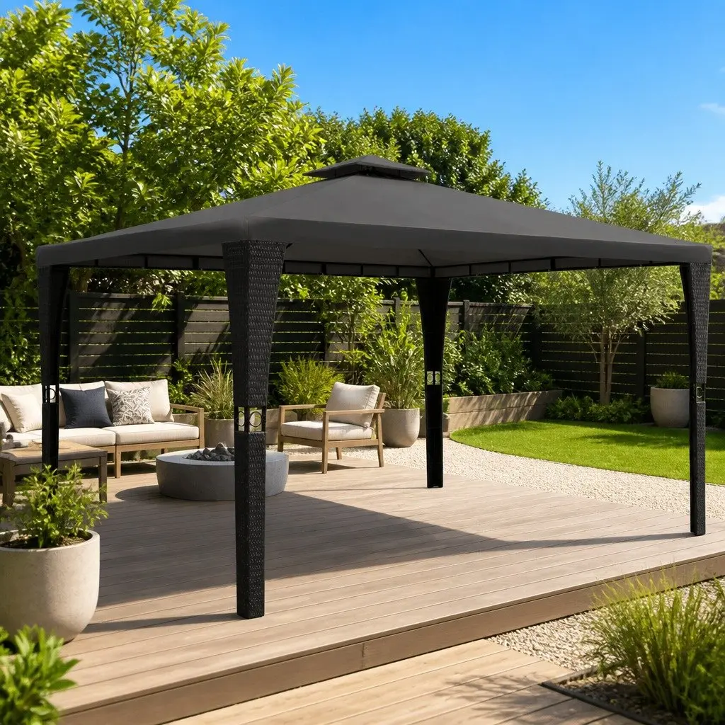 Outdoor Gazebo Poly Rattan Wicker 3x4m Sunshade Pavilion Grey Roof