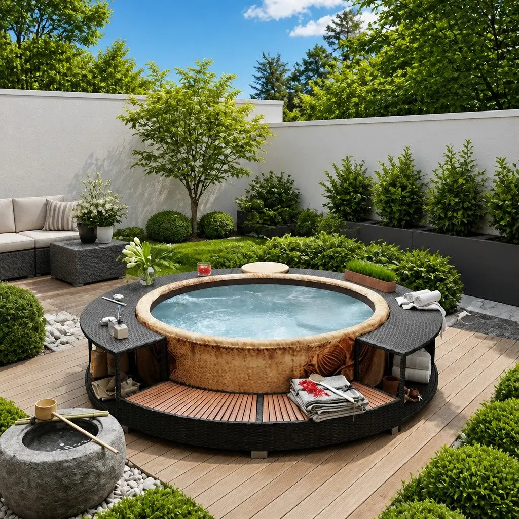 Poly Rattan Hot Tub Surround Steel Frame Black for Round Inflatable Spa