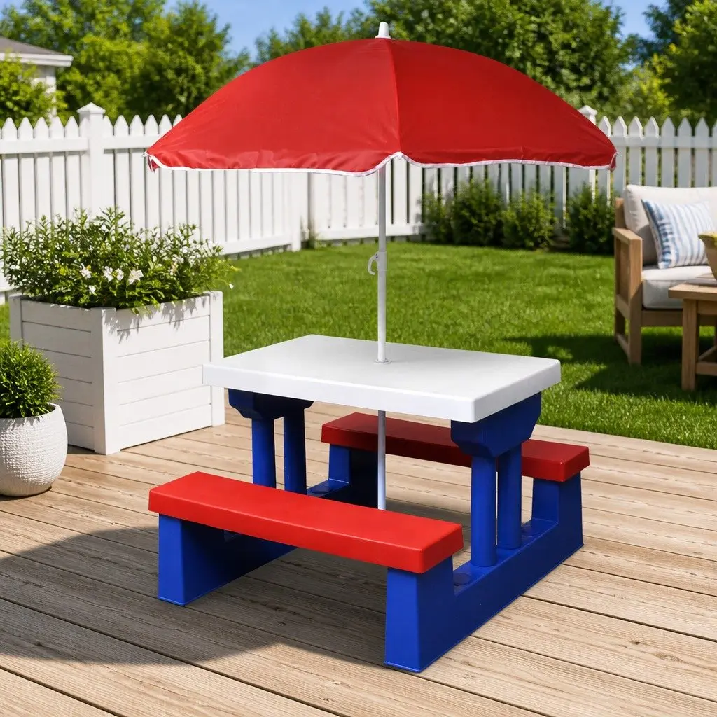 Kids Picnic Table Set with Umbrella for Outdoor Fun
