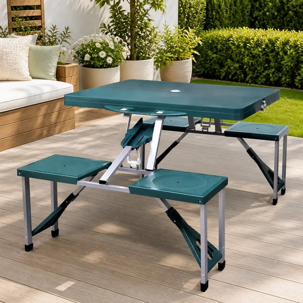 Foldable Camping Table Set Metal Frame PP Green 1 Table 4 Stools