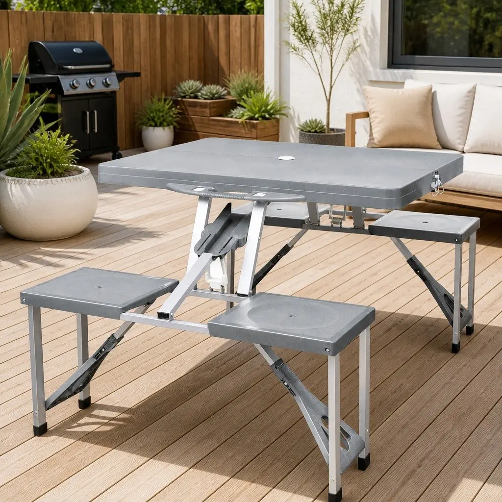 Camping Table Set Metal Frame Grey Folding Portable Picnic Garden Outdoor Furniture