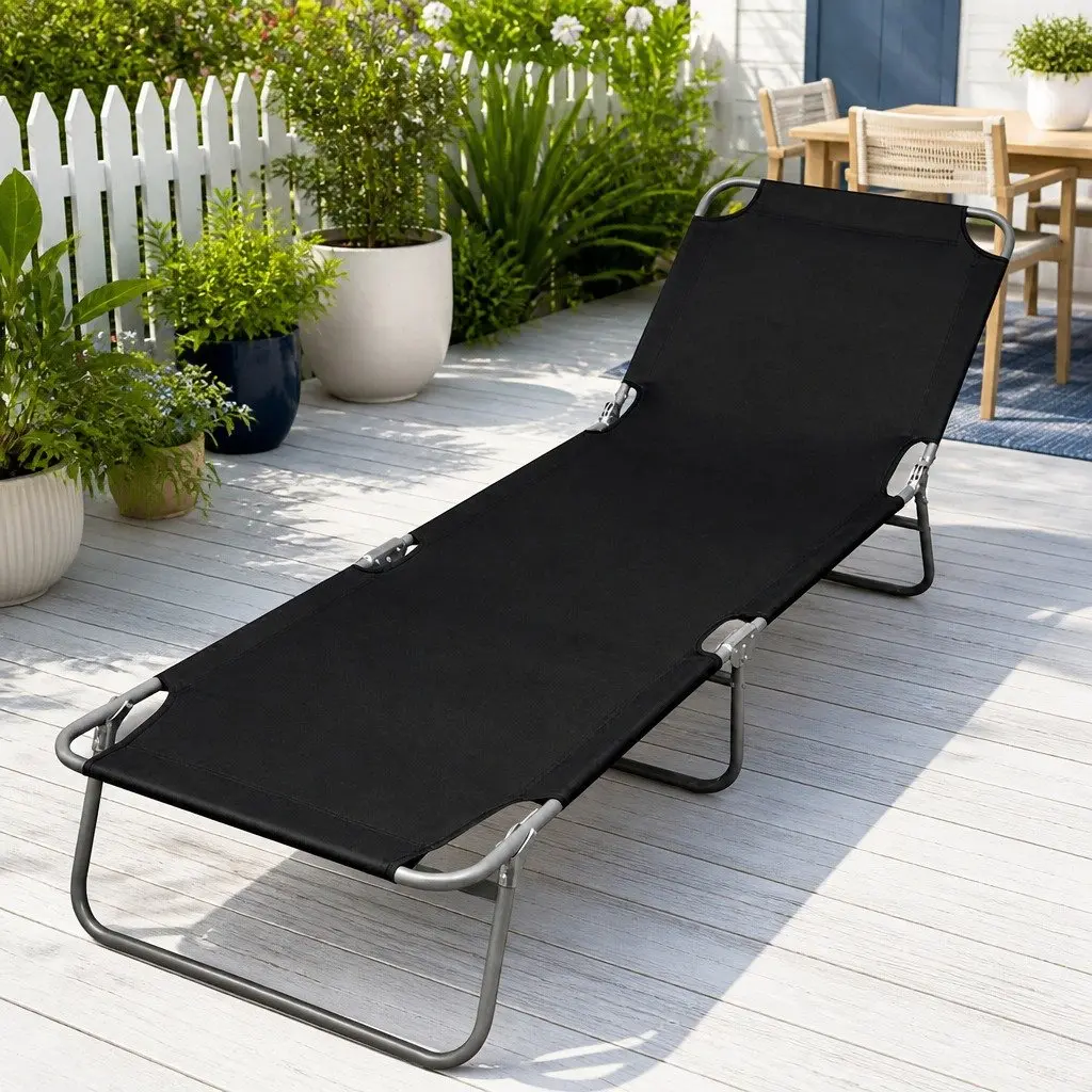 Sun Lounger Folding Adjustable Backrest Outdoor Garden Reclining Chair Black