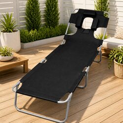 Folding Sun Lounger Black with Head Cushion Adjustable Backrest Outdoor Seating